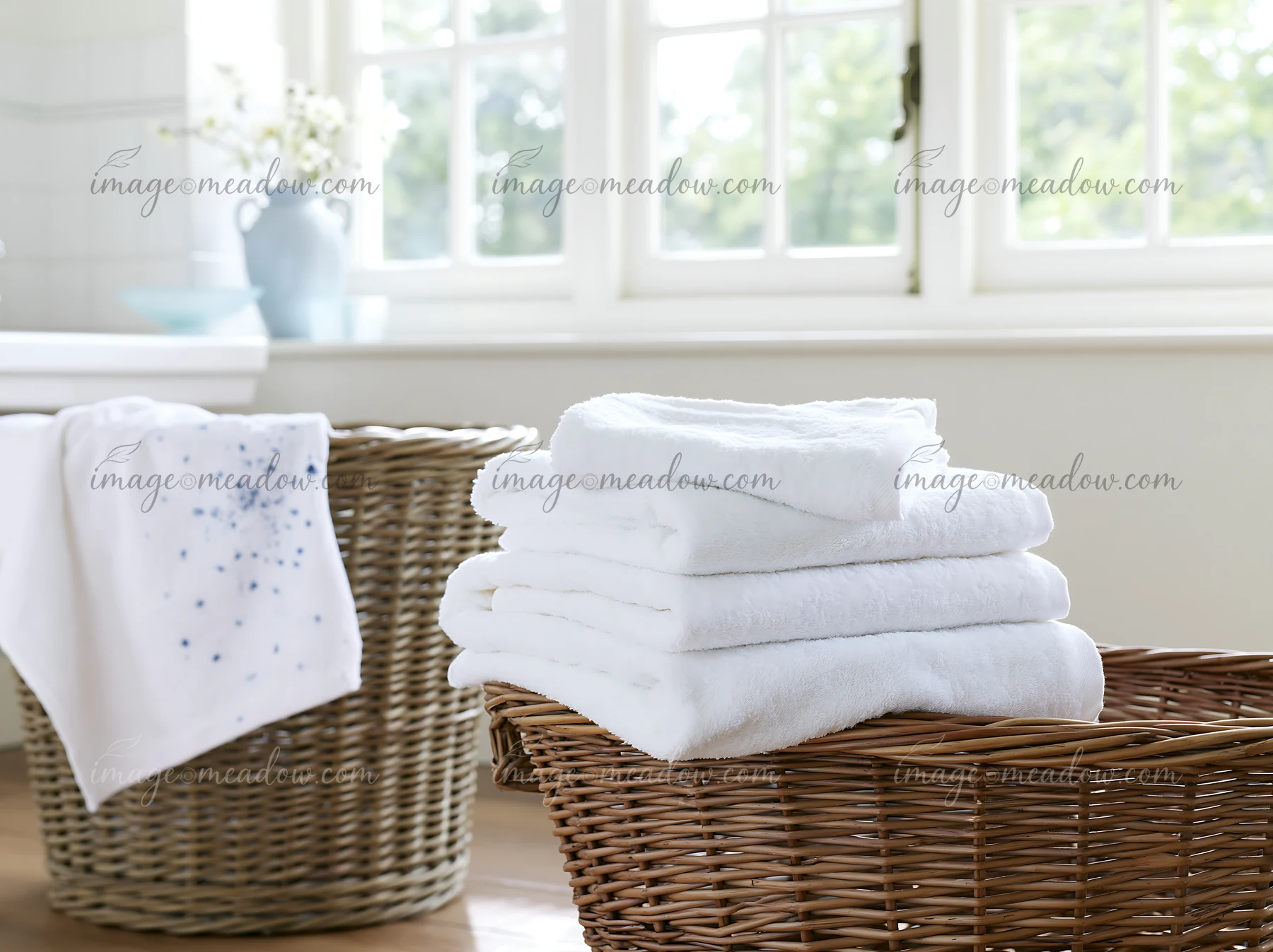 White towels are neatly stacked in a wicker basket beside a textile with accidental ink splashes.