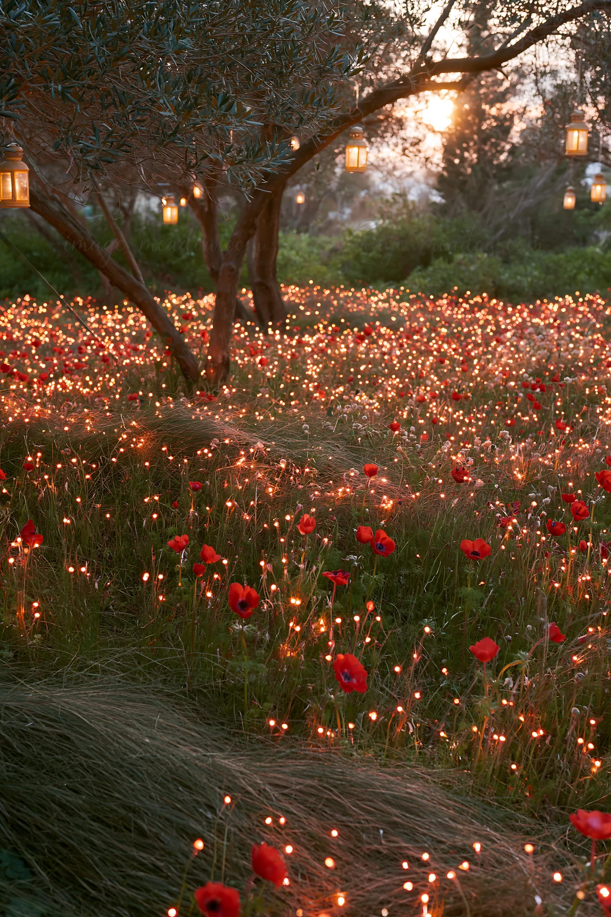 A wide meadow filled with red poppy flowers during sunset. Strings of fairy lights hang from trees, creating a warm glow. The scene captures the beauty of natur