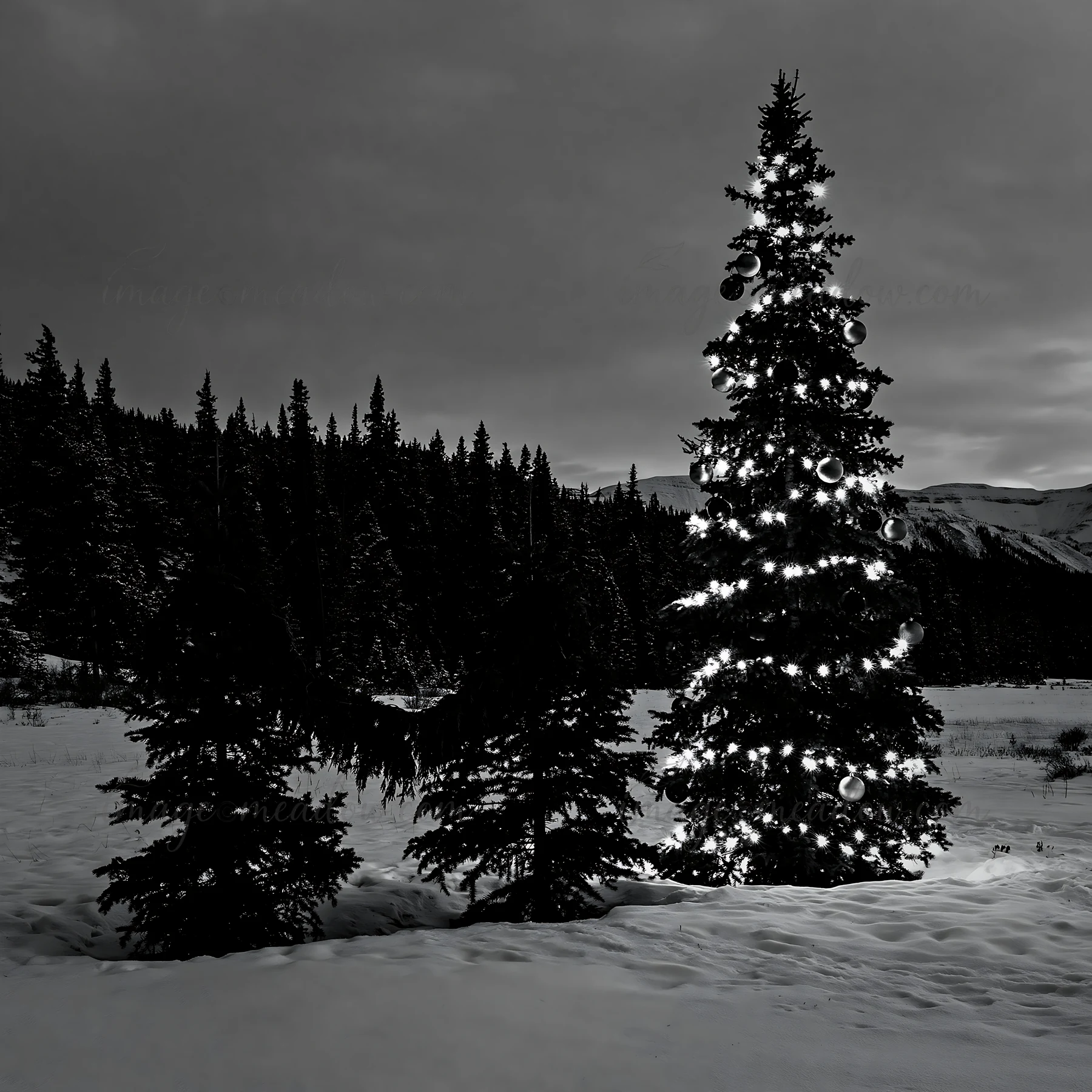 A decorated tree stands in a snowy meadow at Banff National Park. Pine trees surround the area under a moody sky. The scene captures the essence of winter with