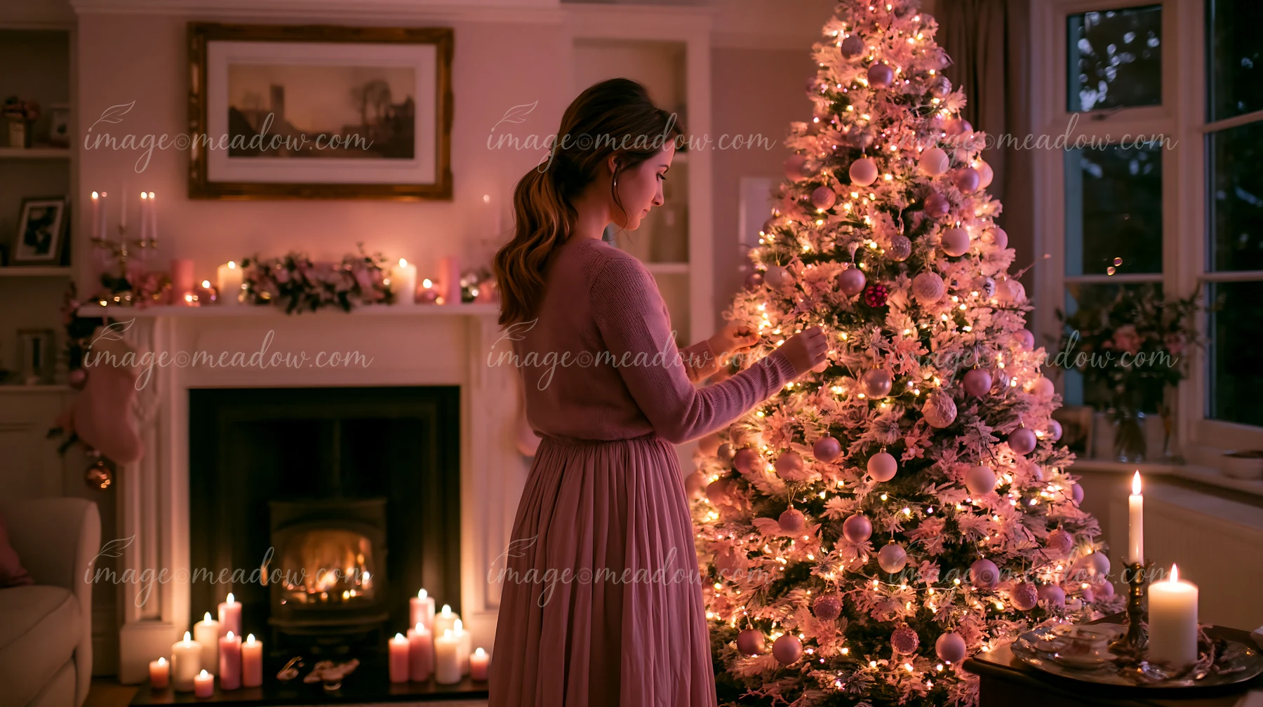 Woman decorates a pastel Christmas tree beside a candlelit fireplace in a cozy living room.