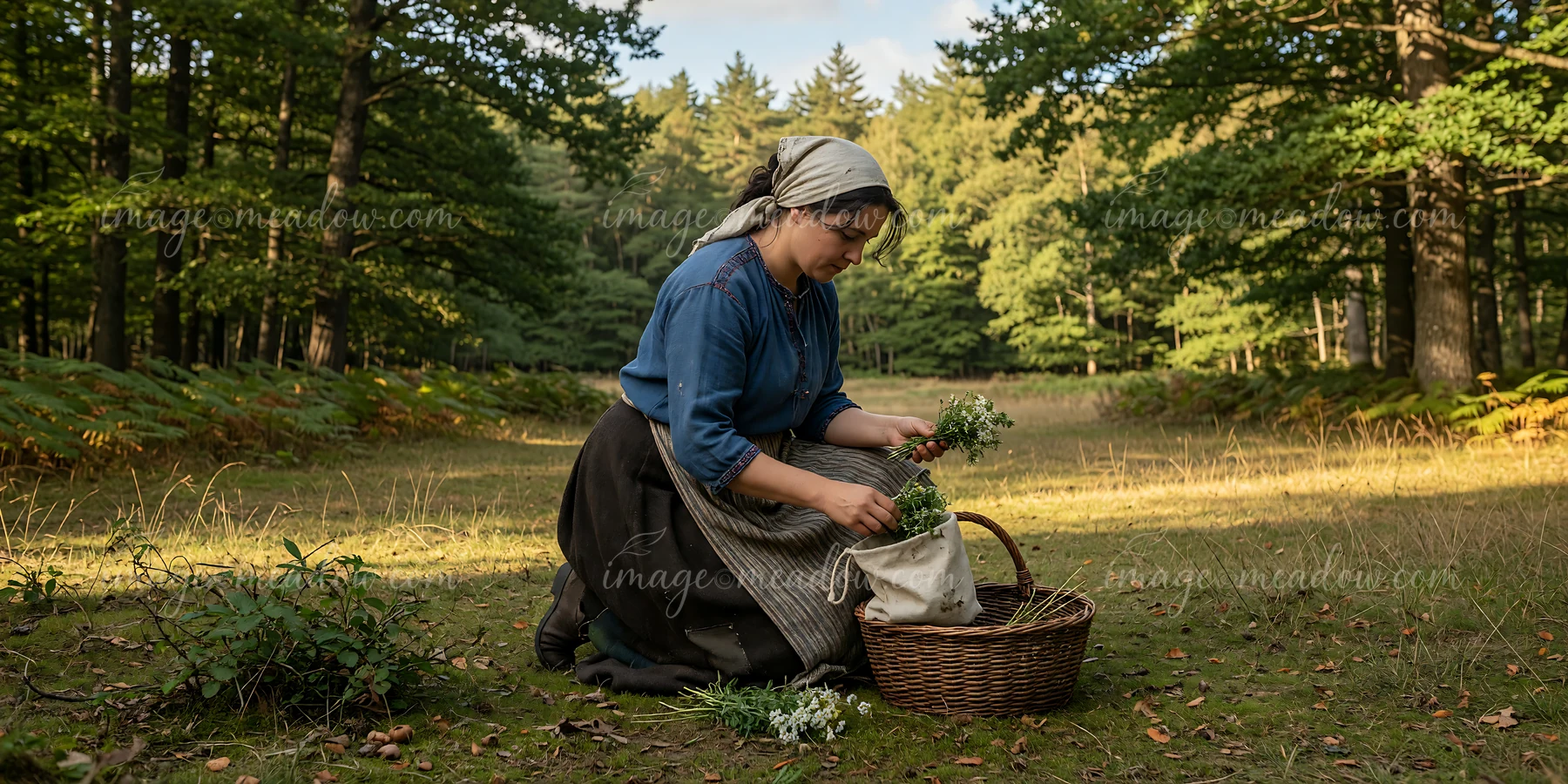 Woman in heritage attire gathers herbs beside a wicker basket in a sunlit forest clearing.