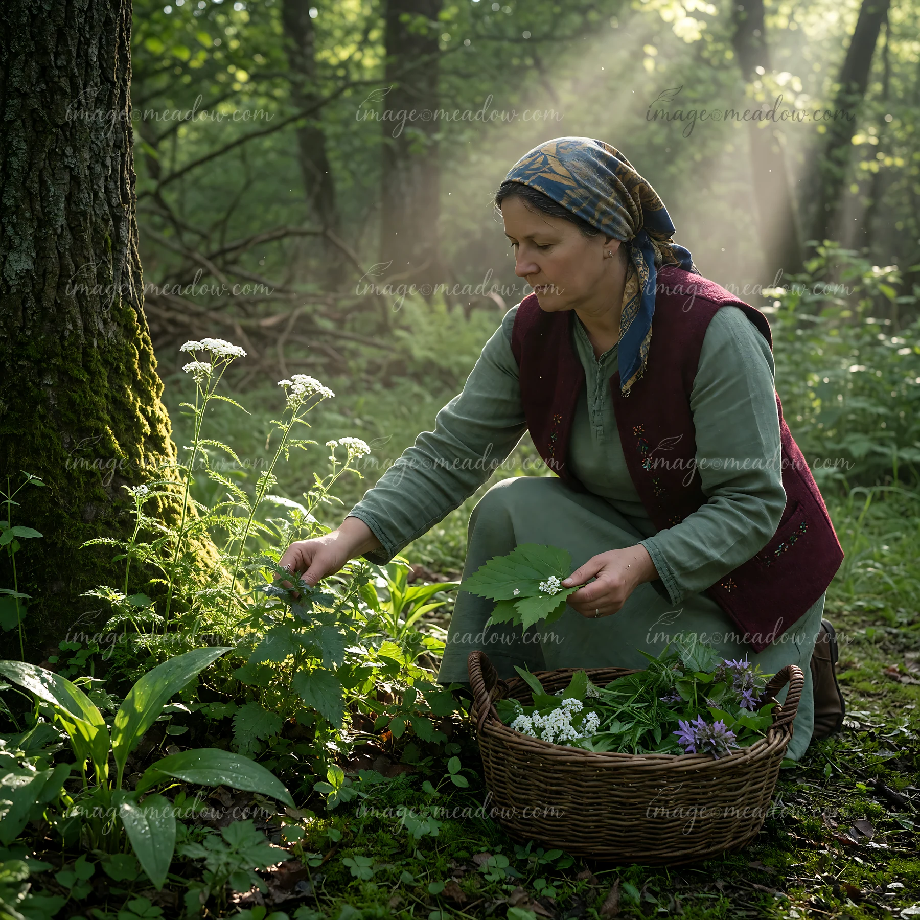 Woman in heritage attire kneels beside a mossy tree, collecting herbs into a woven basket in a sunlit forest.