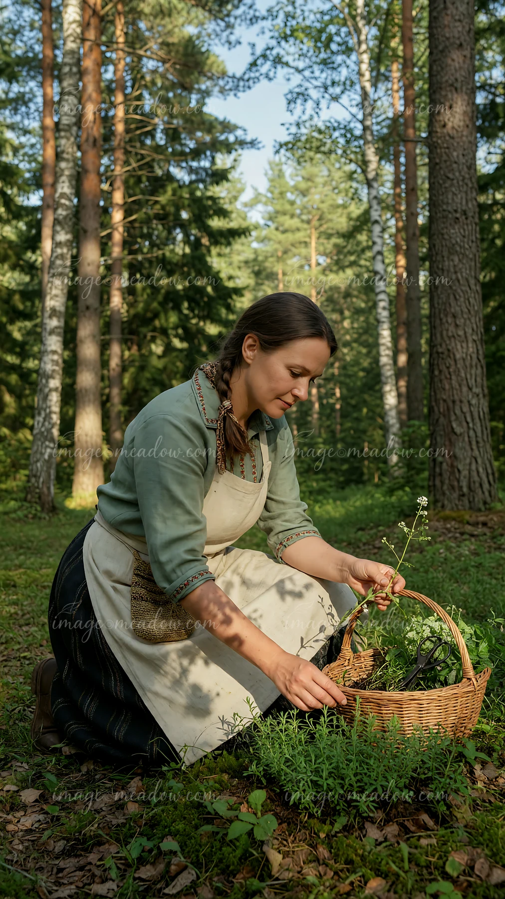 Woman in heritage attire kneels in a forest while collecting herbs into a woven basket.