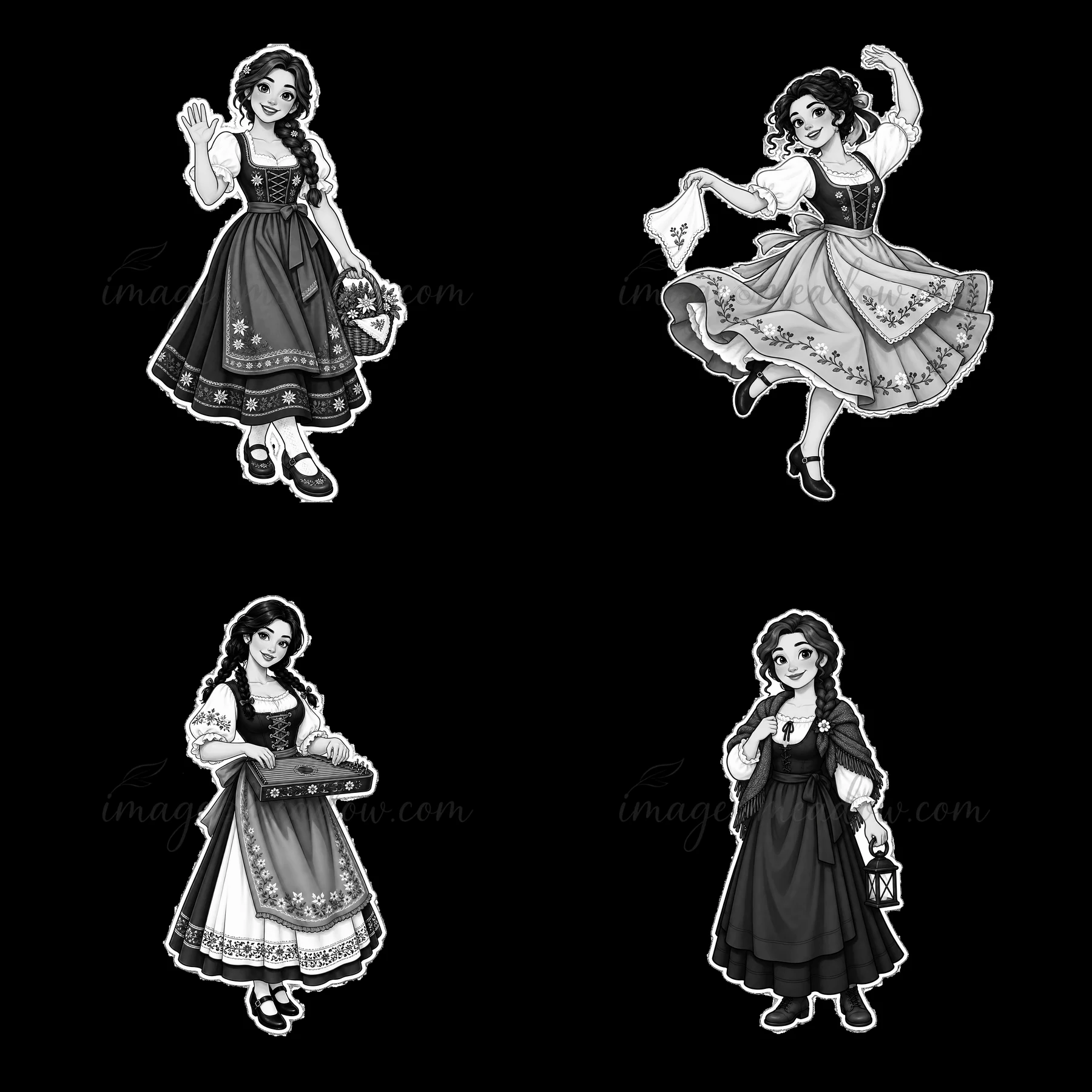 This illustration showcases a woman in traditional folk attire across four scenes. She holds a flower basket and interacts cheerfully while playing an instrumen