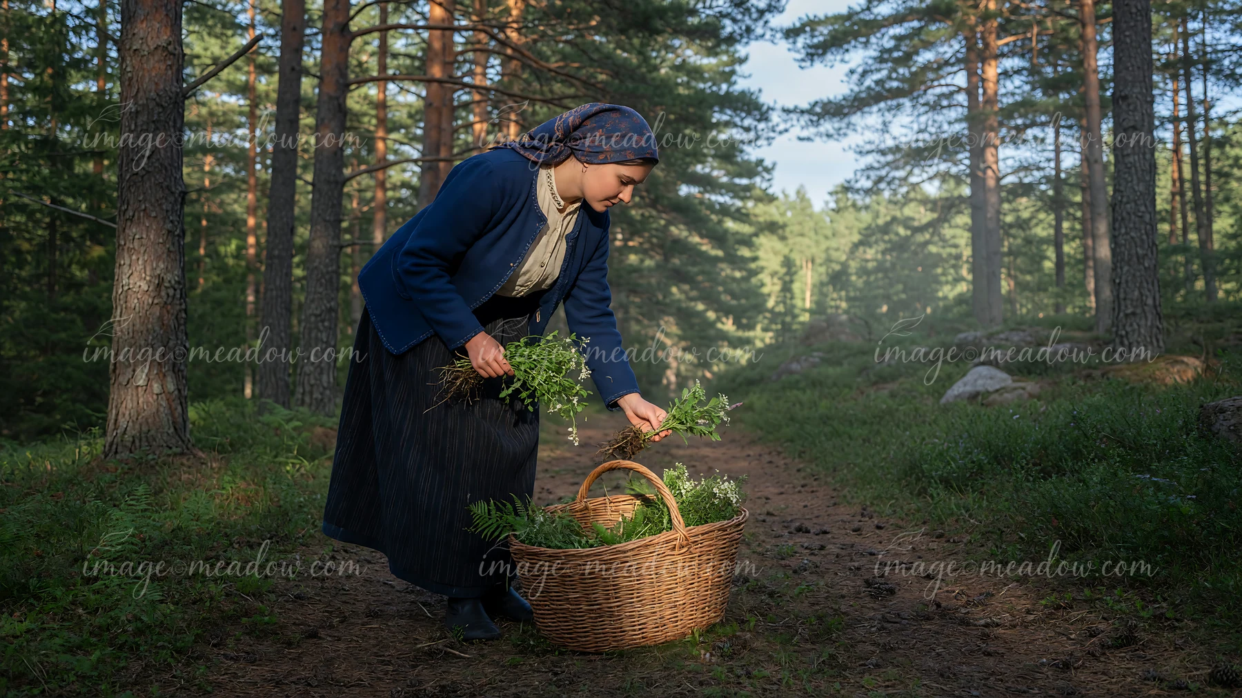 Woman in traditional-style clothing gathers leafy herbs beside a woven basket on a forest path.