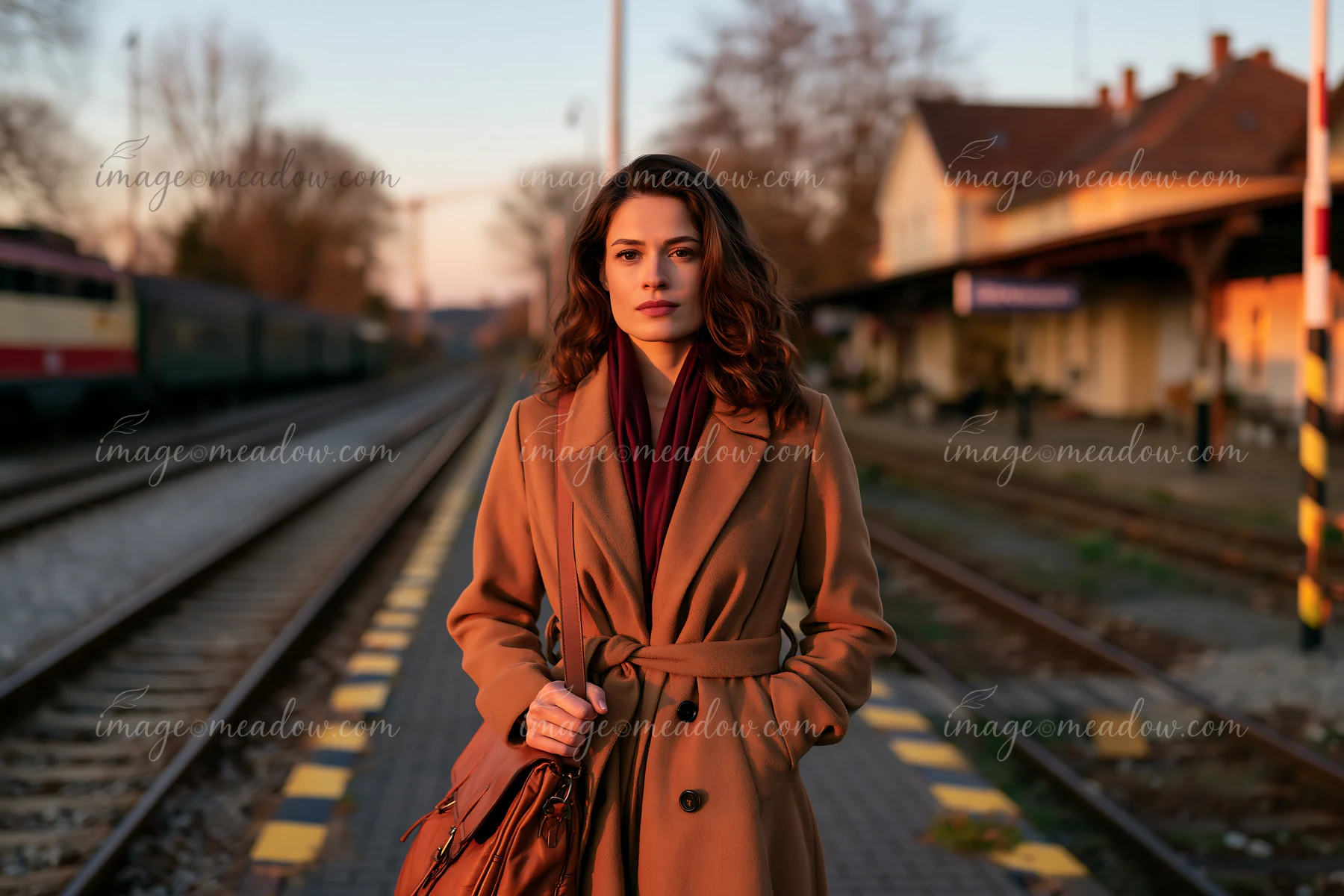 Woman with a laptop bag stands on a railway platform beside tracks at sunset.