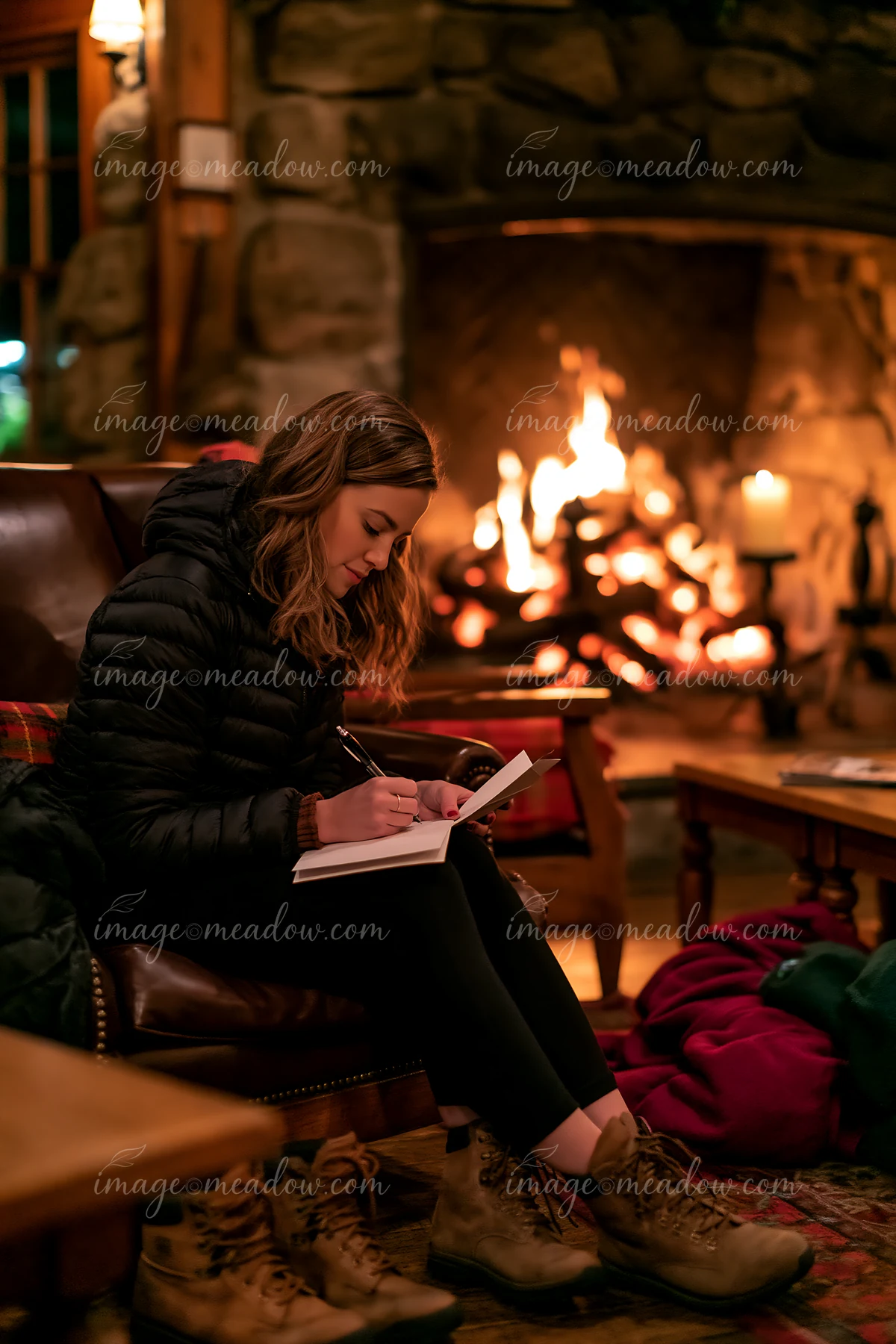 Woman writes in a blank Christmas card beside a glowing stone fireplace in a cozy rustic room.