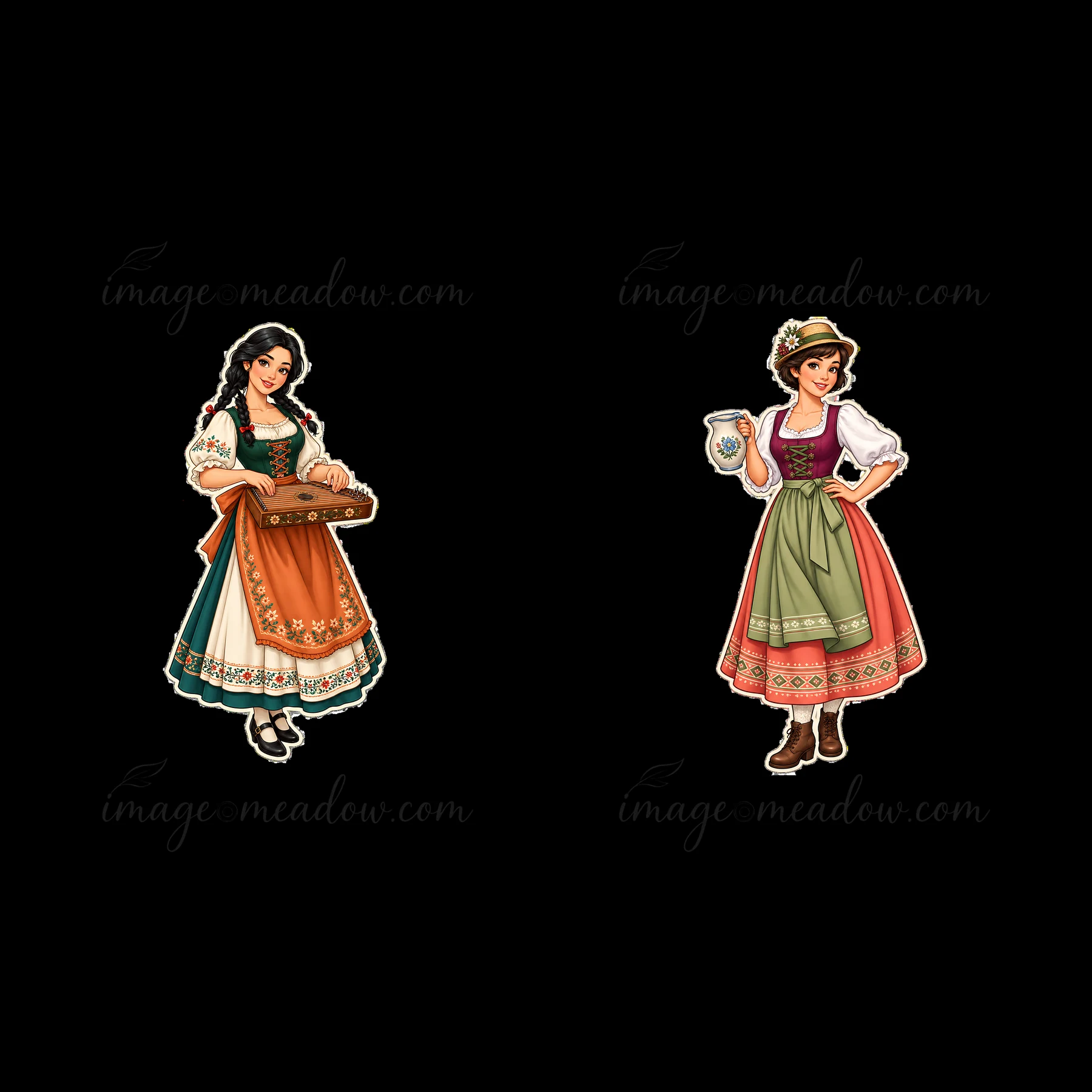 Two women wear colorful traditional folk dresses. One holds a musical instrument while the other carries a jug. They showcase cultural attire with rich colors a