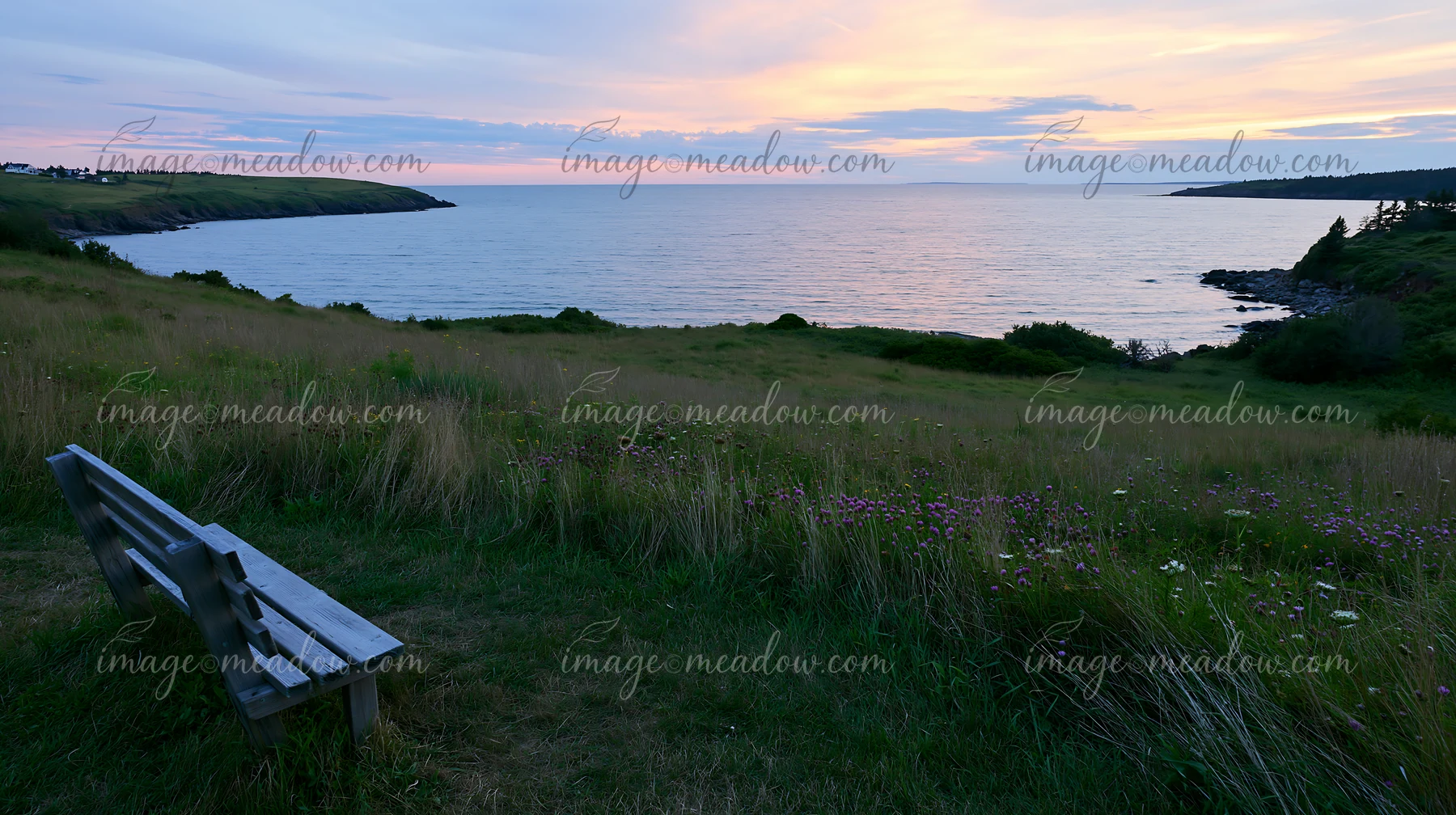 Wooden bench in a wildflower meadow overlooking a calm coastline beneath a pastel sunset sky.