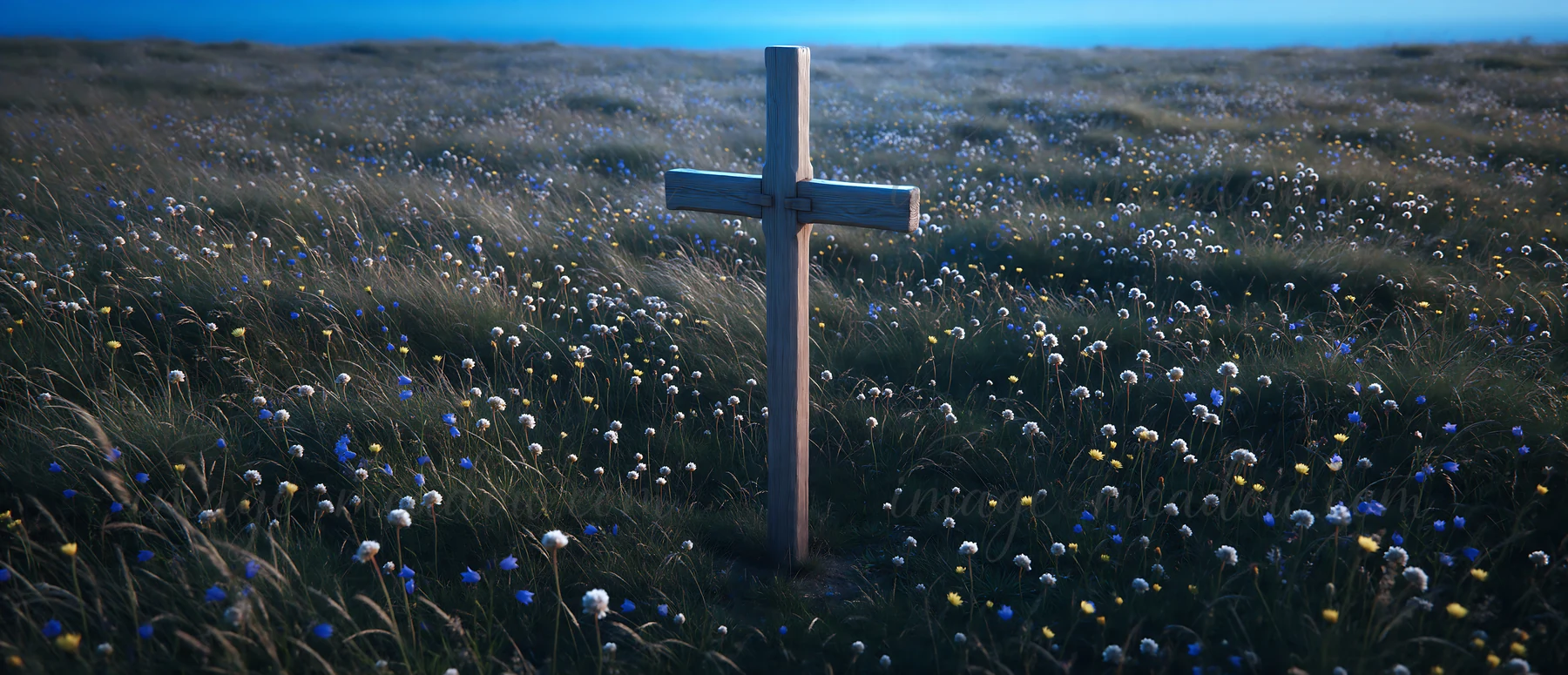 A wooden Christian cross stands in a meadow filled with wildflowers during sunrise. Rays of light shine through the sky, illuminating the grassy area around the