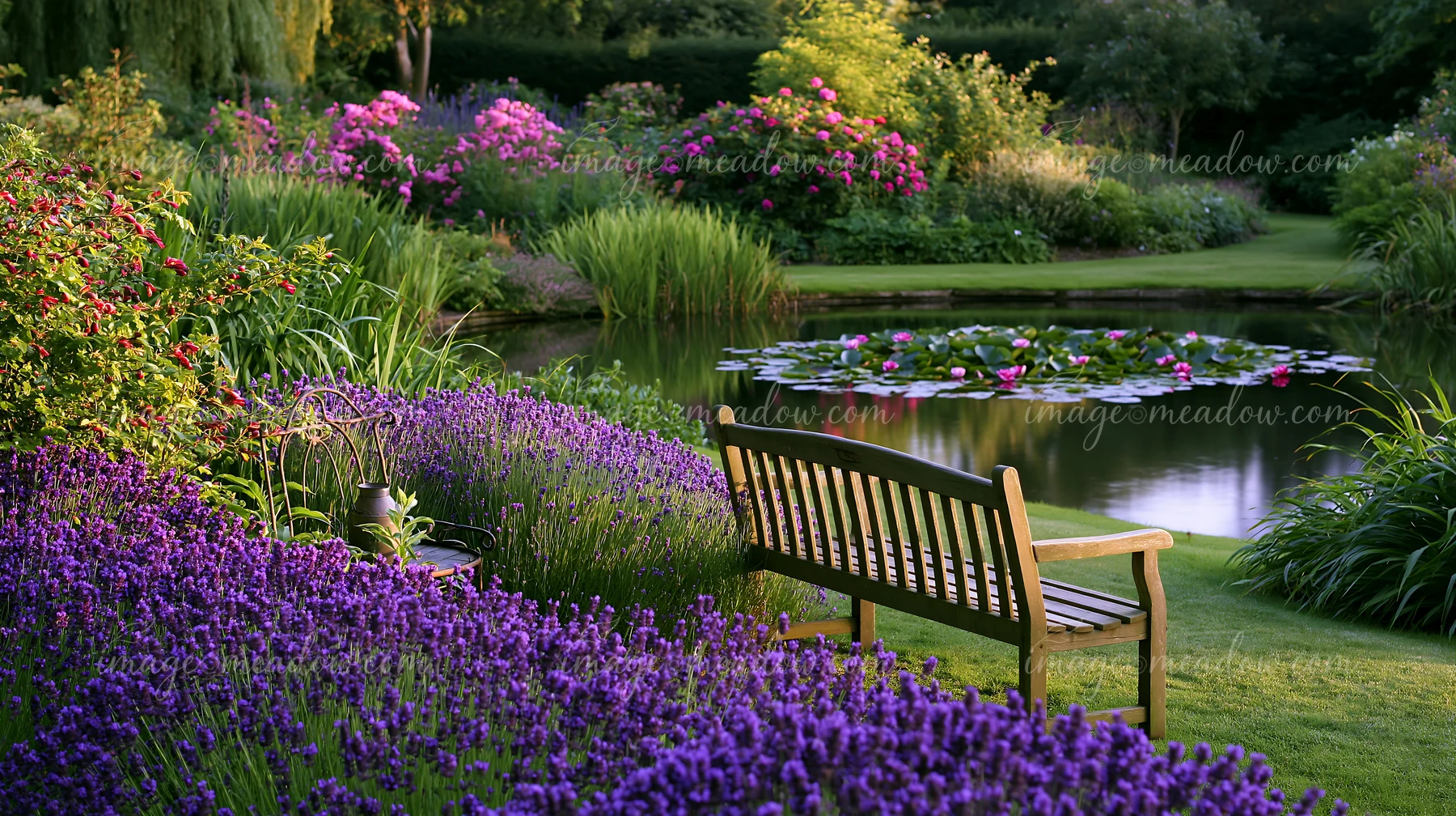 Wooden garden bench overlooks a water lily pond surrounded by colorful flowers and lush garden foliage.