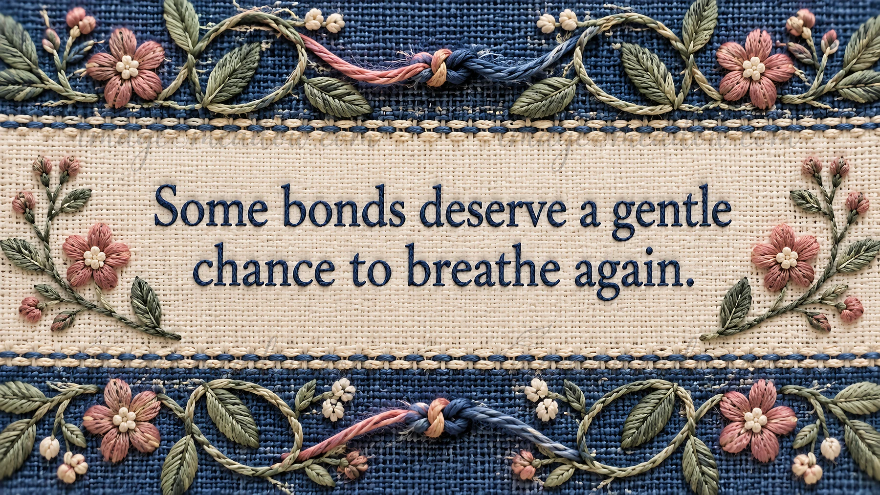 A textile-style greeting illustration with the words “Some bonds deserve a gentle chance to breathe again.” on an ivory woven panel, framed by blue fabric, brai