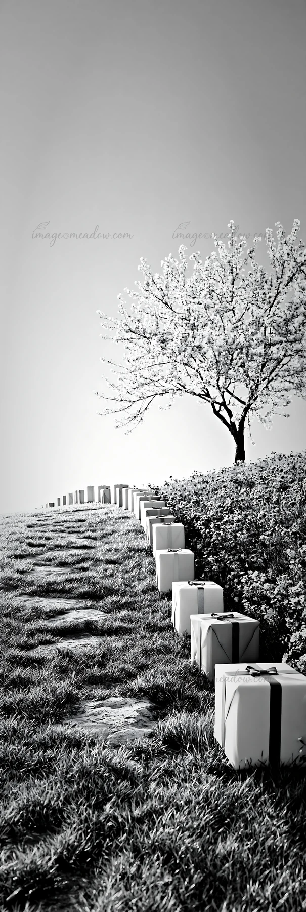 Wrapped packages line a meadow path leading to a tree. The scene captures a clear day with bright light, highlighting the path and surrounding greenery. The pac