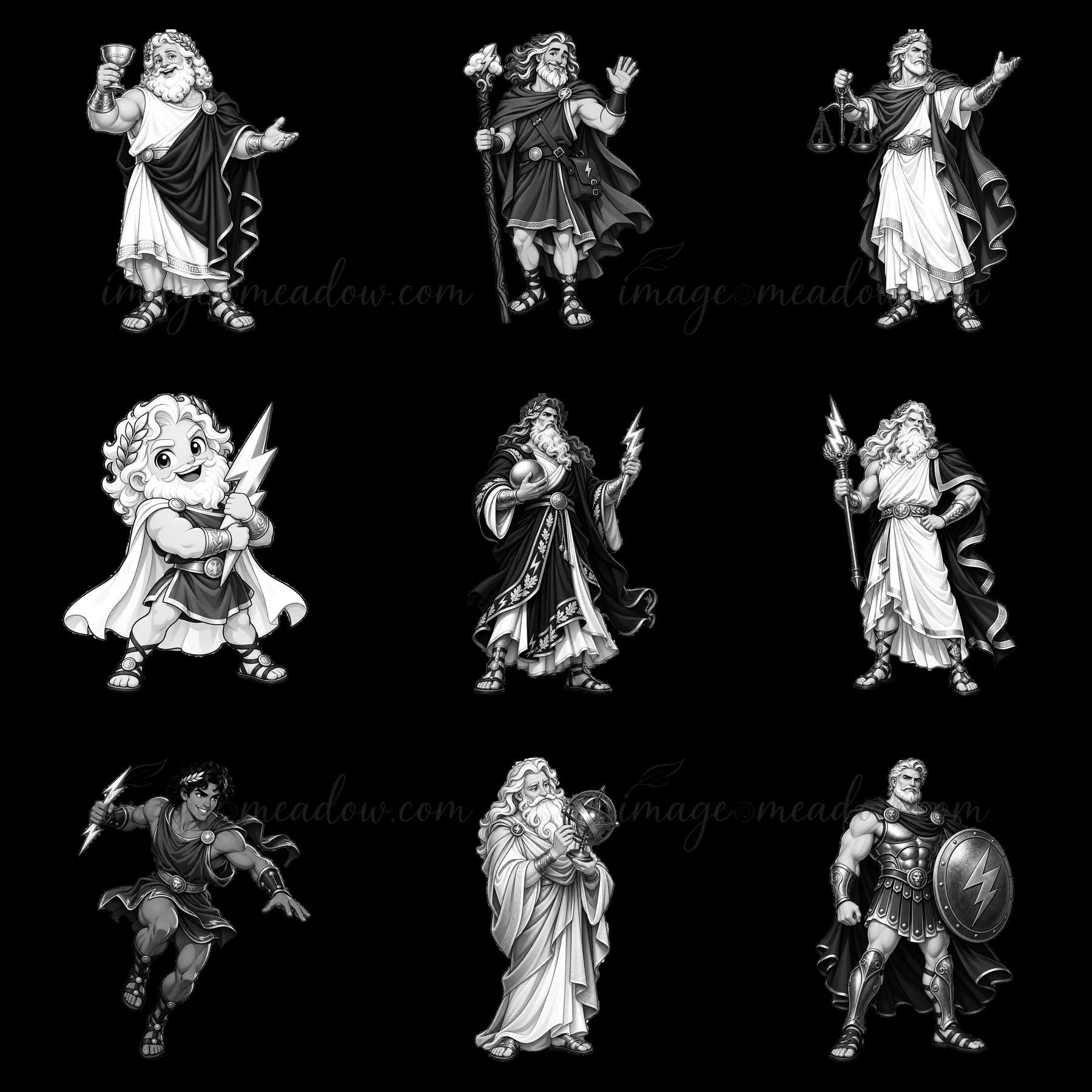 This artwork features Zeus and various characters from Greek mythology in a 3x3 layout. Each figure displays distinct actions and accessories, showcasing their