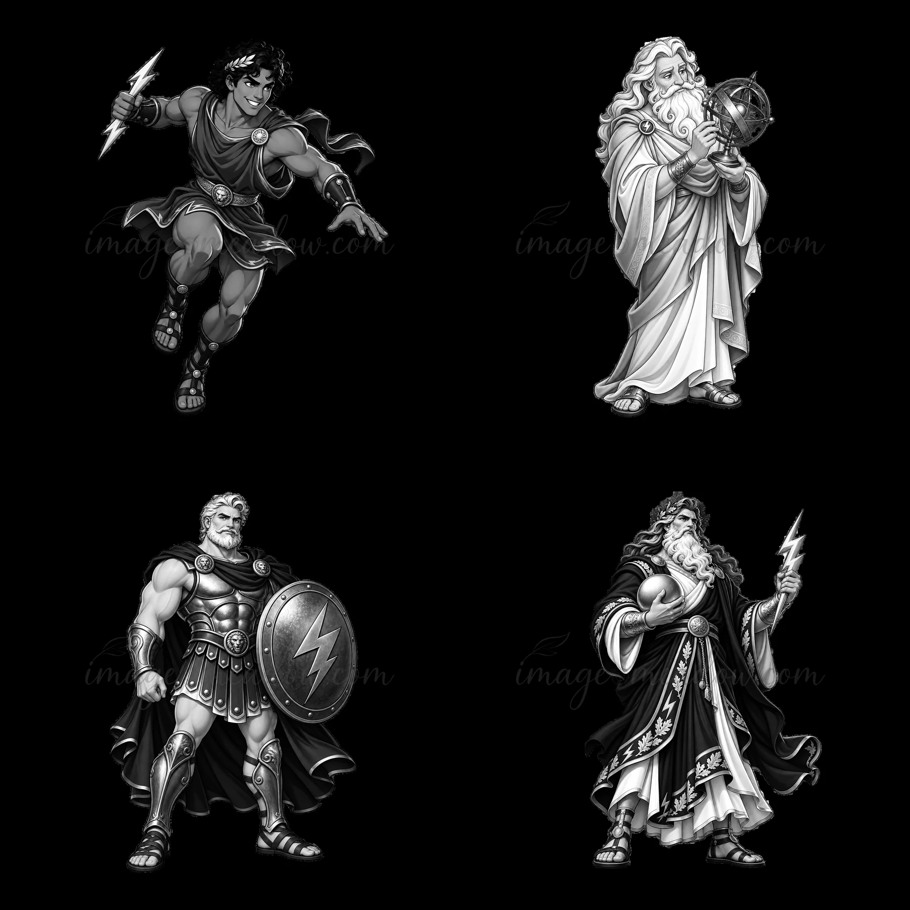 Four cartoon figures represent Greek deities in a 2x2 layout. Zeus holds a lightning bolt while another deity displays a globe. Action poses capture the essence