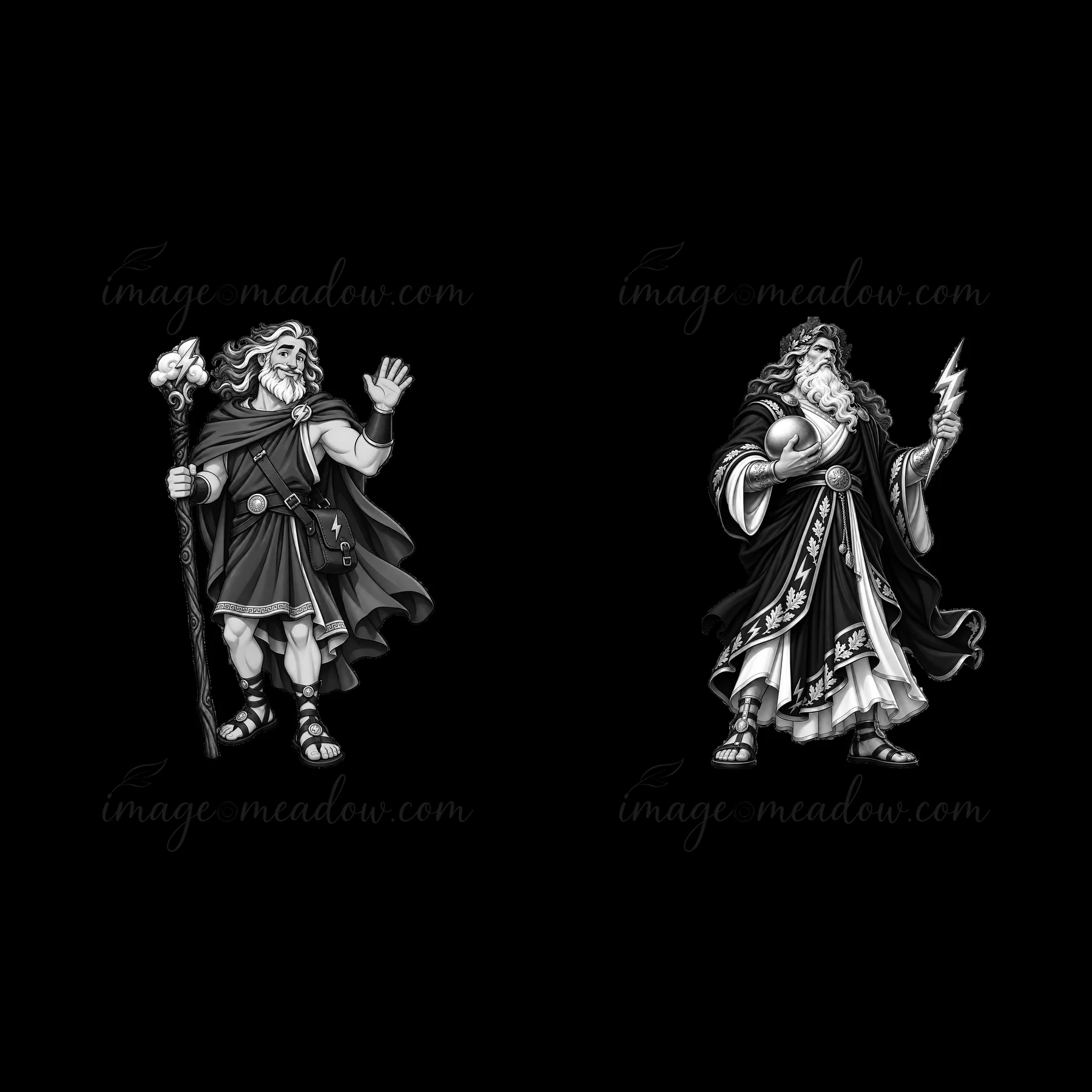 Zeus appears in two poses, one holding a staff and the other a lightning bolt. Each figure stands in a distinctive outfit, representing ancient Greek mythology.