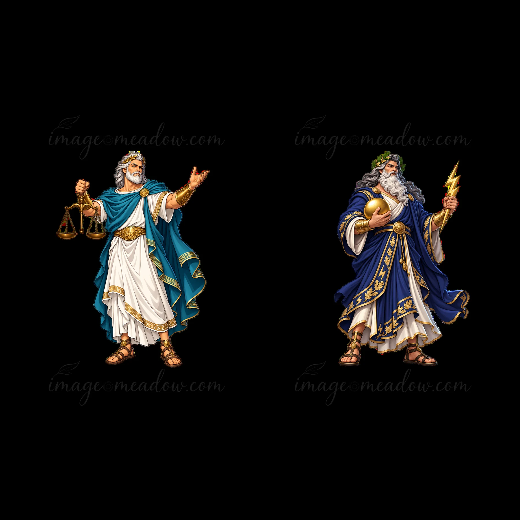 Zeus is depicted as a cartoon character on the left holding scales and on the right with a lightning bolt. Both figures wear togas and have distinct hairstyles.