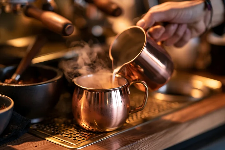 A barista steams milk at a street cafe, pouring it into a copper mug.
