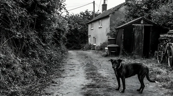 A black dog stands on a dirt path near a rural cottage surrounded by greenery.