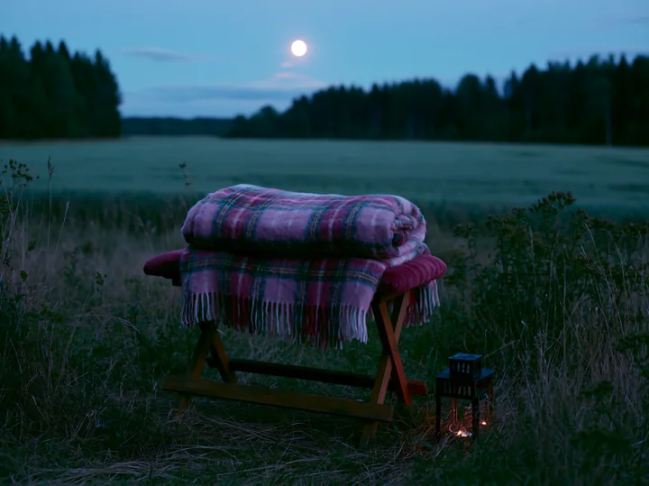 A blanket rests on a wooden bench in a meadow beneath a full moon.