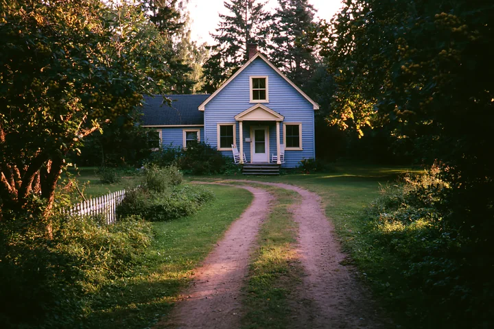 A blue country house sits at the end of a dirt path, surrounded by fruit trees and green grass.