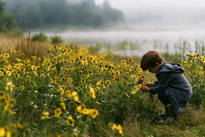 A boy crouches in a meadow filled with yellow wildflowers, picking them near a misty shoreline.