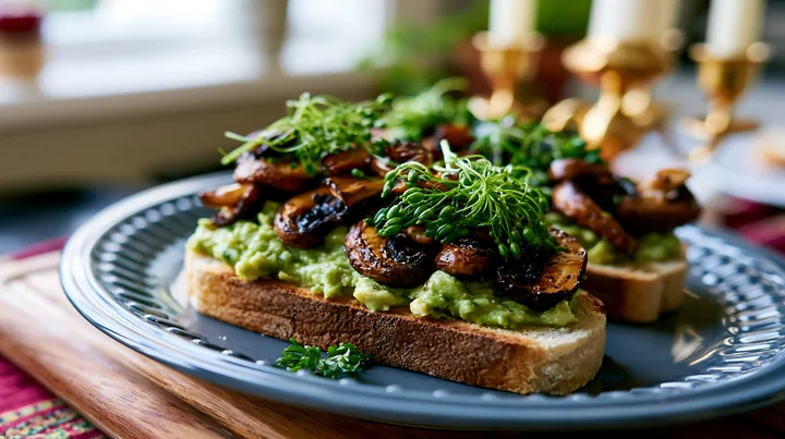 A breakfast plate features toasted bread topped with mashed avocado and sautéed mushrooms.