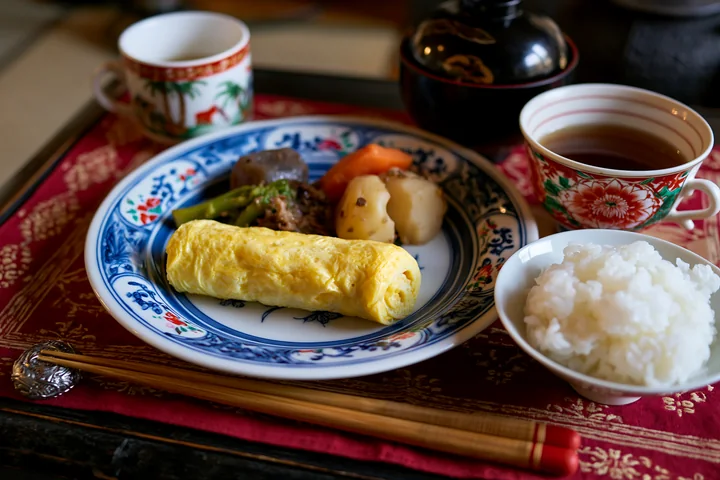 A breakfast plate with Japanese breakfast includes rice, omelette, and side dishes.