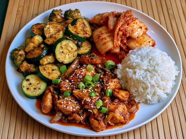 A breakfast plate with Korean breakfast includes rice, grilled zucchini, broccoli, kimchi, and sesame chicken.