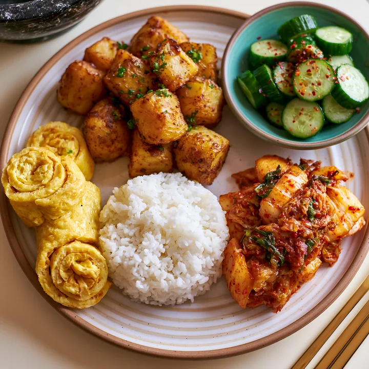 A breakfast plate with Korean breakfast includes rice, rolled eggs, stir-fried potatoes, and spicy kimchi alongside cucumbers.