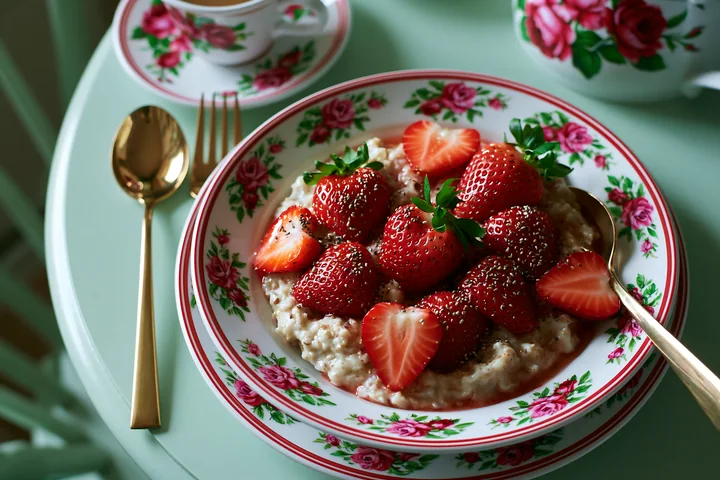 A breakfast plate with oatmeal topped with fresh strawberries sits on a floral table.
