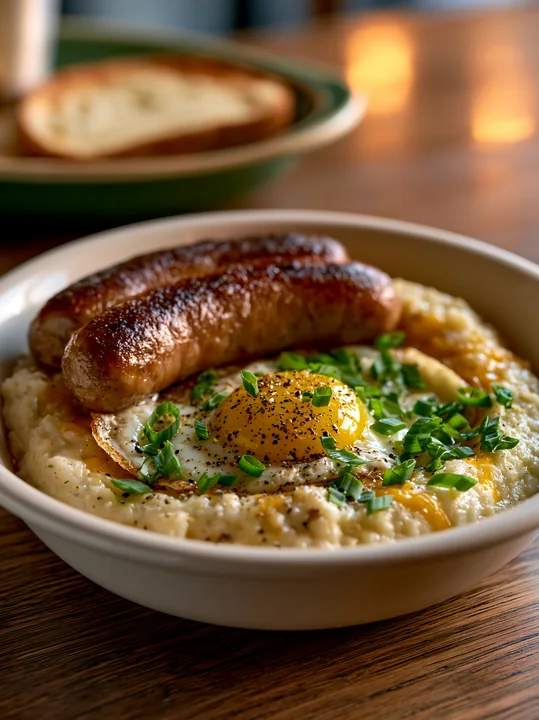 A breakfast plate with sausage and egg is served on a wooden table.