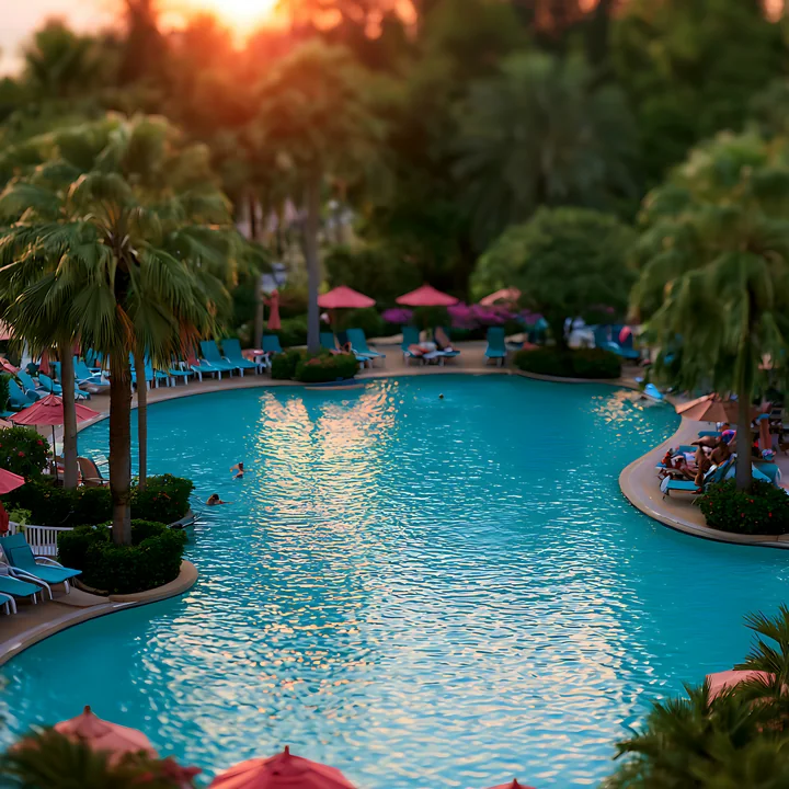 A bright pool reflects the sunset as people swim and relax on lounge chairs amid lush palm trees and colorful umbrellas in a tropical setting.