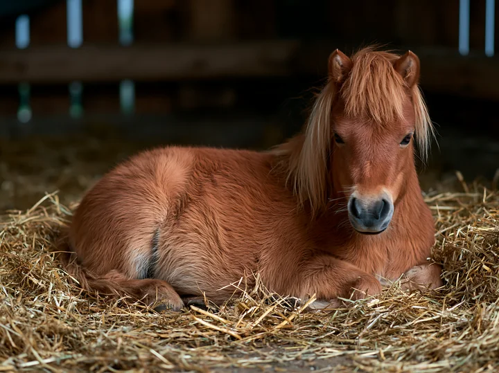 A brown horse is lying comfortably in a bed of straw within a stable.