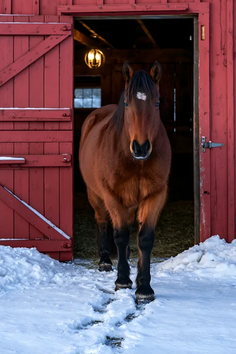 A brown horse walks through the doorway of a red barn covered in snow.
