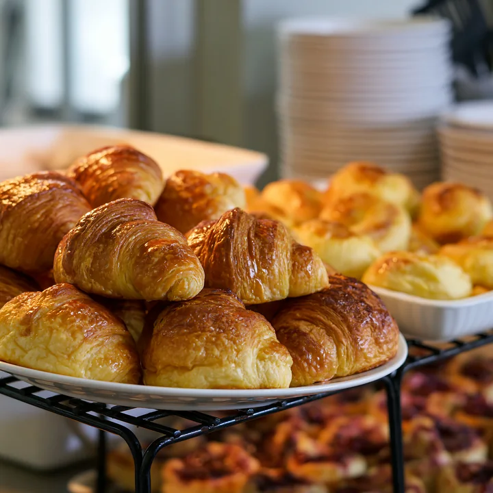A buffet spread at a charity event features fresh croissants and baked goods on display.