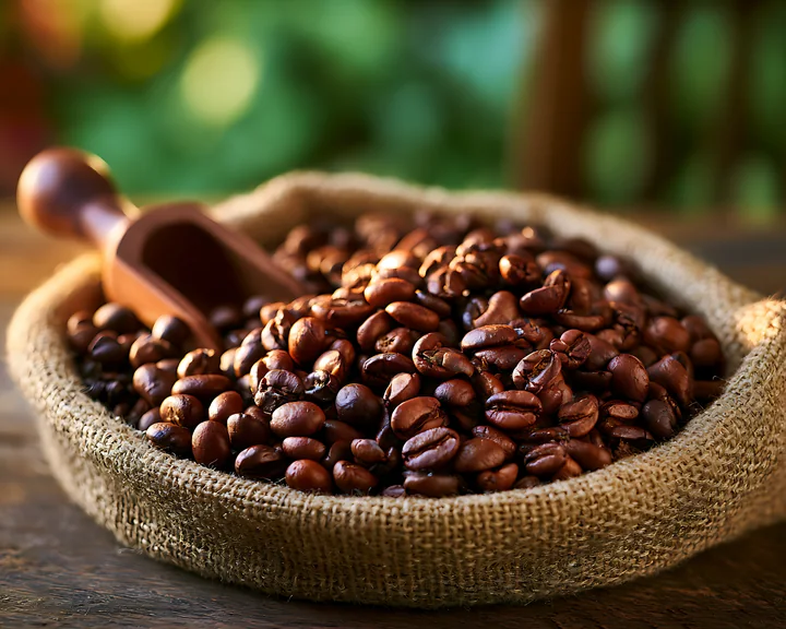 A burlap sack holds a pile of freshly roasted coffee beans with a wooden scoop resting beside it.