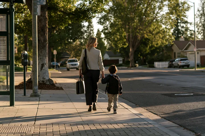 A businesswoman walks hand-in-hand with a child along a sidewalk near homes.