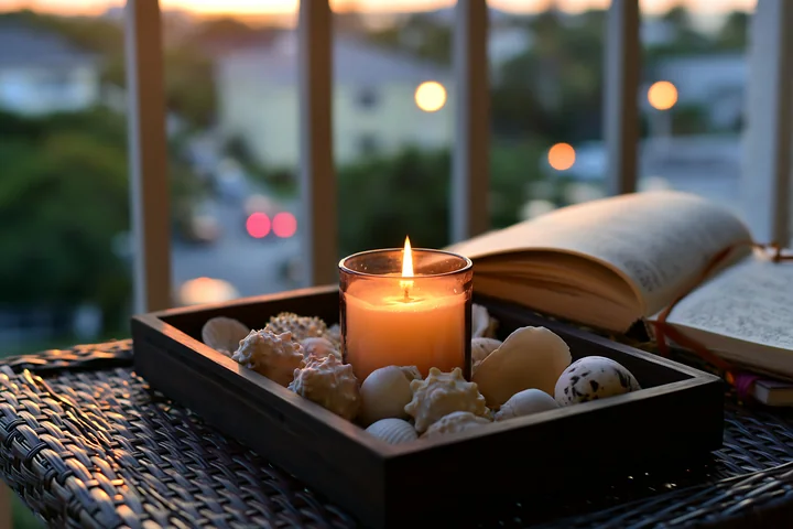 A candle surrounded by seashells sits on a wooden tray beside an open book on a balcony table as the sun sets in the background, casting warm light over the sce