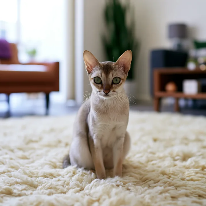 A cat sits on a soft rug in a well-lit living room filled with sunlight.