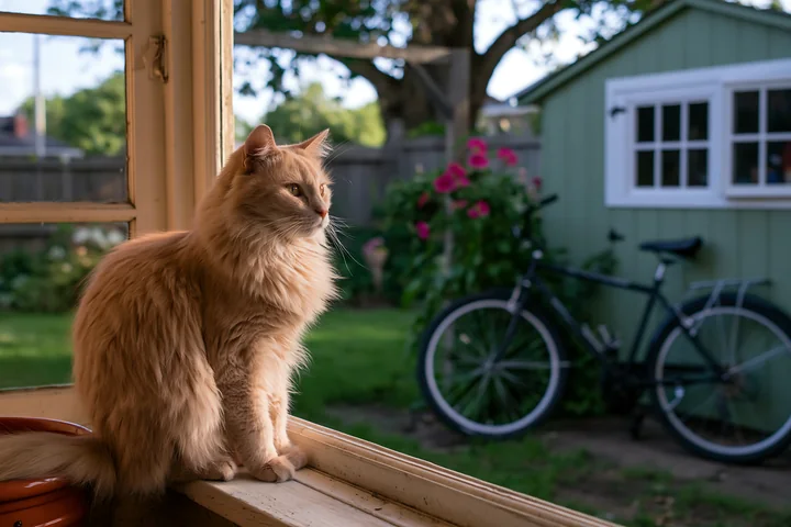A cat sitting on a windowsill of a country house watches the garden.
