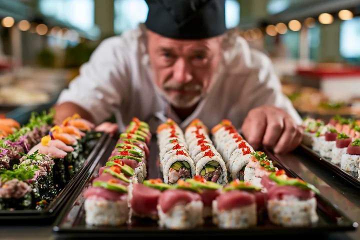 A chef prepares a sushi platter for catering event while focusing on the colorful sushi rolls and sashimi.