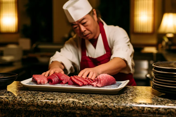 A chef preparing sushi at restaurant counter works with fresh fish and neatly places slices on a platter.