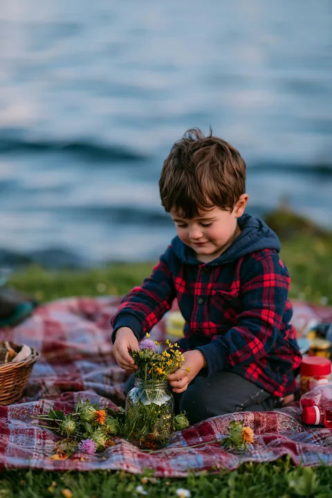 A child gathers flowers while sitting on a blanket by an alpine lake in Switzerland.