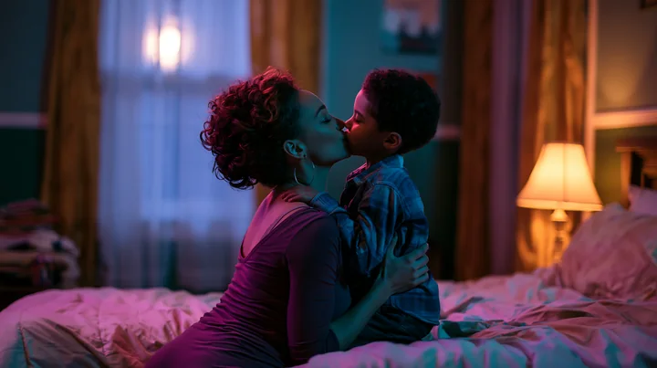 A child kisses a parent's cheek during bedtime in a cozy bedroom.