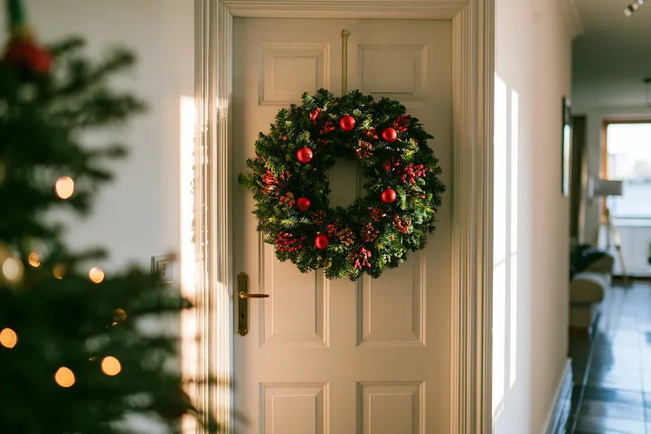 A Christmas wreath with red ornaments hangs on a white door inside an apartment.