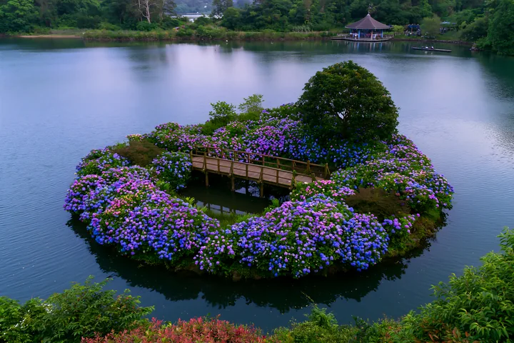 A circular island is filled with colorful hydrangeas and features a wooden walkway.