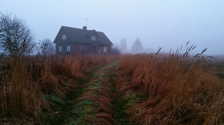 A cottage stands alone in the misty countryside, surrounded by tall grasses and trees in fog.