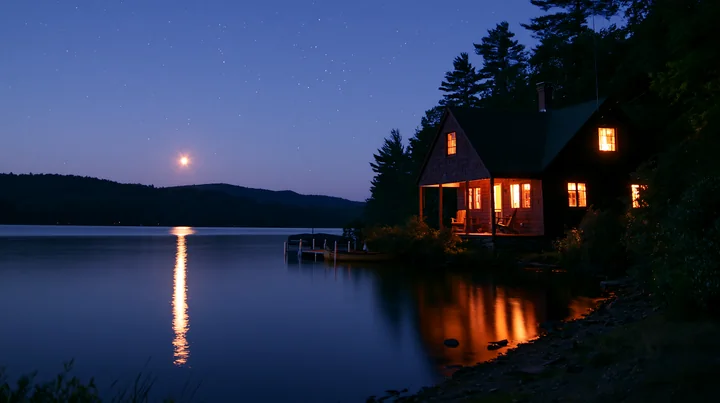 A cottage under stars with an open porch sits beside a still lake at night.