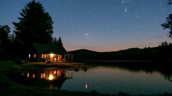 A cottage under stars with an open porch stands beside a calm lake in a wooded area.